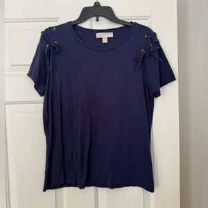 Michael Kors Navy Short Sleeve Top with Lace-Up Shoulders